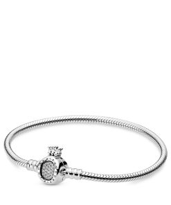 Snake chain sterling silver bracelet and crown O clasp with clear cubic zirconia