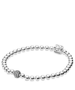 Beaded sterling silver bracelet with clear cubic zirconia