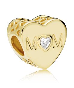 Mum heart 14k Gold Plated charm with clear cubic zirconia