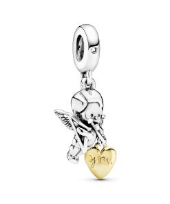 Cupid and heart 14k Gold Plated  and silver dangle with clear cubic zirconia