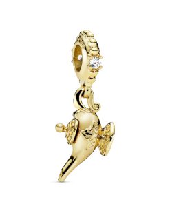 Genie lamp 14k Gold Plated  dangle with clear cubic zirconia and mint green enamel