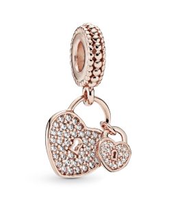 Rose heart padlock dangle with clear cubic zirconia