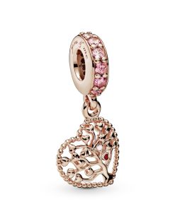 Family tree 14k Rose Gold-plated dangle with fancy pink. red and fancy fuchsia pink cubic zirconia.  pink and red enamel