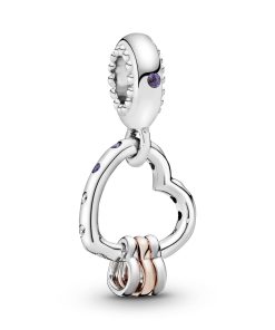 Heart silver and 14k Rose Gold-plated dangle with lilac crystal. royal purple crystal and clear cubic zirconia