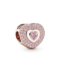 Heart 14k Rose Gold-plated charm with rose pink crystal. orchid pink crystal and white enamel