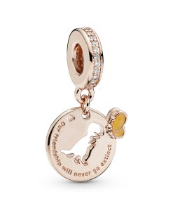 Dinosaur and butterfly 14k Rose Gold-plated dangle with clear cubic zirconia and yellow enamel