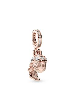 Leaf and acorn 14k Rose Gold-plated dangle with clear cubic zirconia