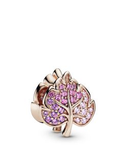 Leaf 14k Rose Gold-plated charm with pink mist. cerise and royal purple crystal