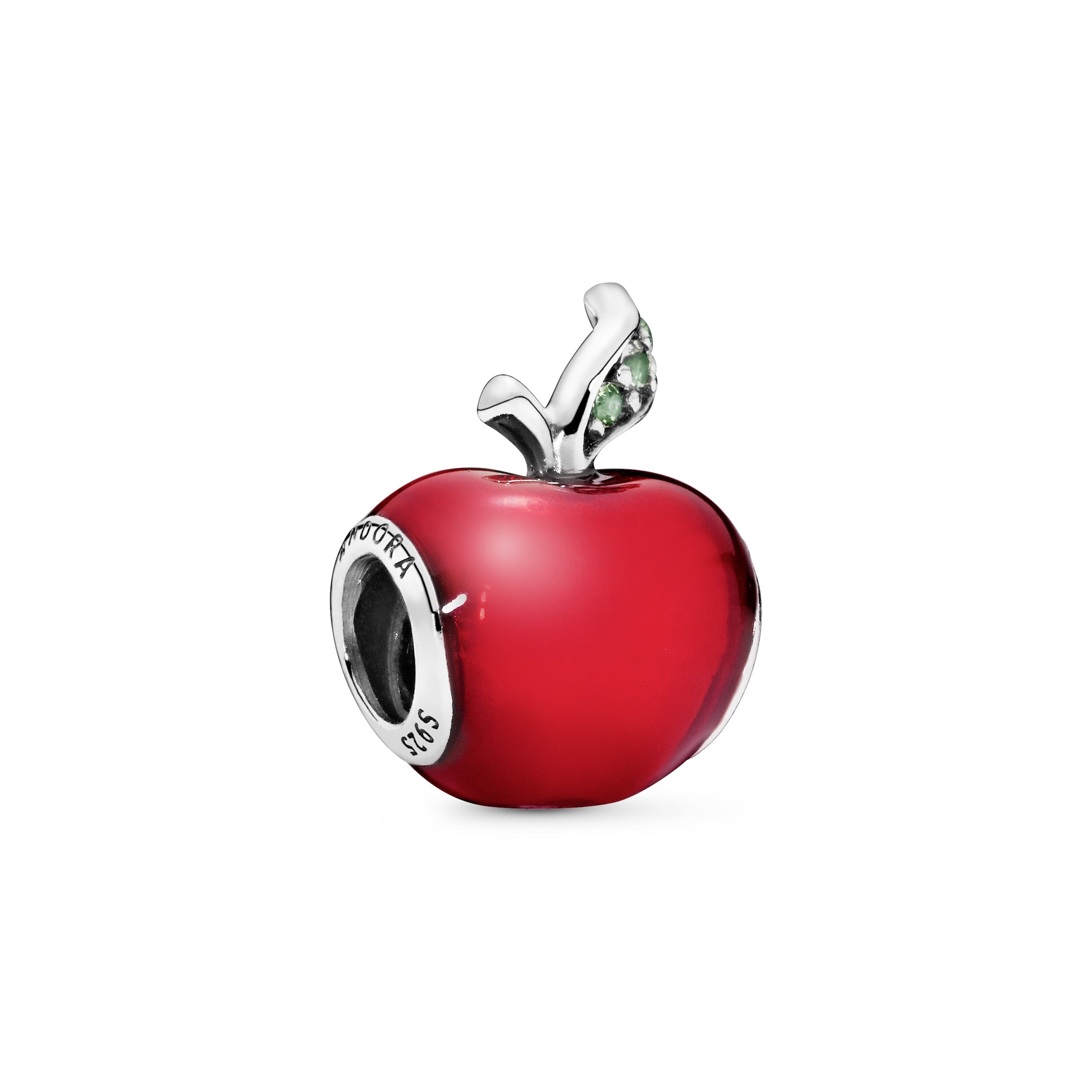 Snow White apple silver charm with red enamel and dark green cubic zirconia