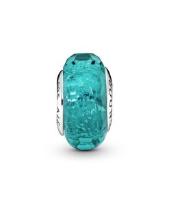 Abstract silver charm with faceted iridescent deep teal Murano glass