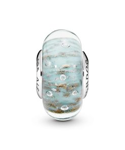 Silver charm with golden frit. mint and transparent Murano glass