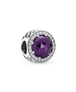 Abstract silver charm with royal purple crystal and clear cubic zirconia