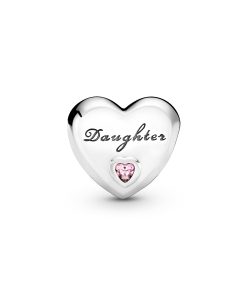 Daughter heart silver charm with pink cubic zirconia