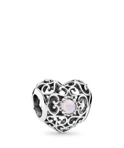 October silver heart charm with opalescent pink crystal