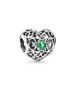 May silver heart charm with royal green crystal