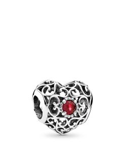 July silver heart charm with synthetic ruby