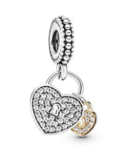 Heart padlock silver dangle with 14k and clear cubic zirconia