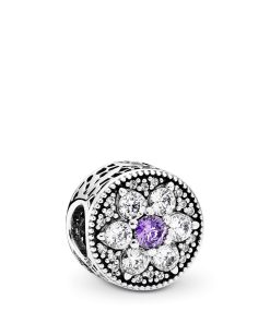 Forget me not silver charm with purple and clear cubic zirconia
