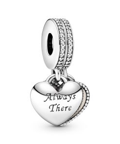 Double heart silver dangle with pink enamel and clear cubic zirconia