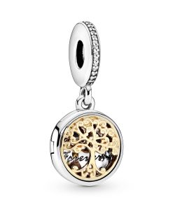 Family tree openable silver dangle with 14k and clear cubic zirconia