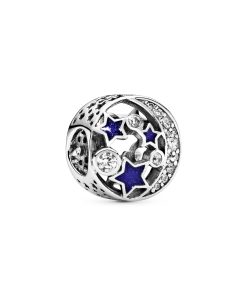 Moon and star silver charm with clear cubic zirconia and blue enamel