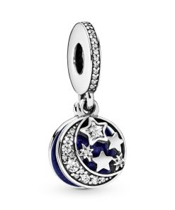 Moon and star silver dangle with clear cubic zirconia and blue enamel