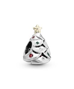 Christmas tree silver charm with 14k. clear cubic zirconia. red cubic zirconia and green crystal