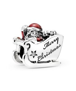 Santa's Sleigh silver charm with clear cubic zirconia and red enamel