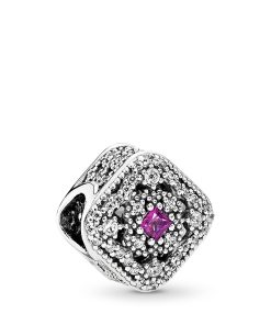 Abstract silver charm with cerise crystal and clear cubic zirconia
