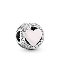 Heart silver charm with clear cubic zirconia and pink enamel