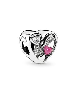 Heart silver charm with clear cubic zirconia and magenta enamel