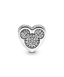 Mickey and Minnie heart silver charm with clear and red cubic zirconia