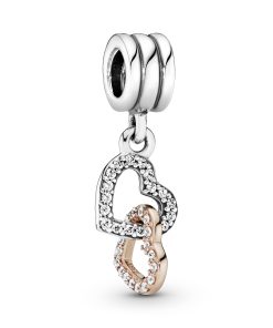 Interlocked hearts silver dangle with 14k and clear cubic zirconia