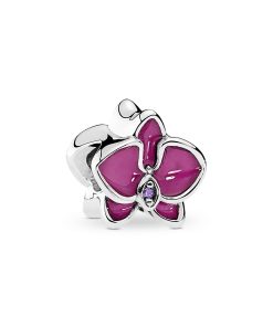 Orchid silver charm with purple cubic zirconia and orchid enamel
