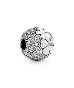 Floral silver clip with clear cubic zirconia. white and pink enamel