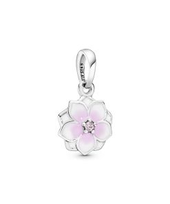 Magnolia silver dangle with pink cubic zirconia. white and shaded pink enamel