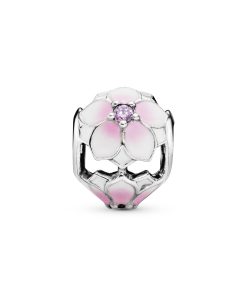 Magnolia silver charm with pink cubic zirconia. white and shaded pink enamel
