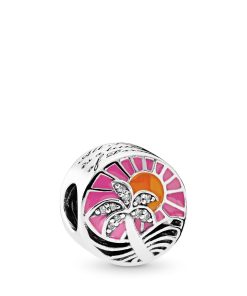 Sunset silver charm with clear cubic zirconia. orange and pink enamel