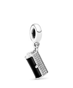 Clutch silver dangle with clear cubic zirconia and black enamel