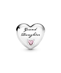 Granddaughter heart silver charm with pink cubic zirconia
