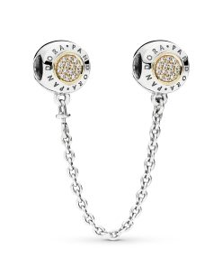 logo silver safety chain with 14k and clear cubic zirconia