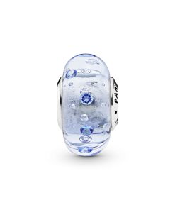 Silver charm with blue and transparent Murano glass and blue cubic zirconia