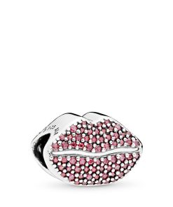 Lips silver charm with red cubic zirconia