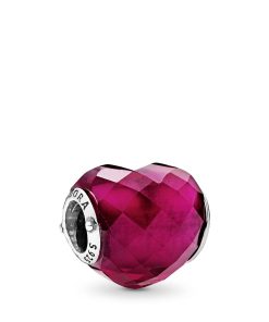 Heart silver charm with faceted fuchsia rose crystal