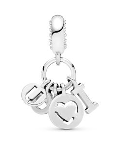 I love you silver dangle with fancy fuchsia pink cubic zirconia