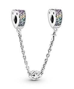 Heart and cloud silver safety chain with mixed colours of crystal and cubic zirconia
