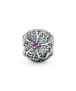 Floral silver charm with royal purple crystal. London blue crystal and green crystal