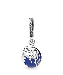 Globe silver dangle with blue enamel. clear cubic zirconia and black crystal