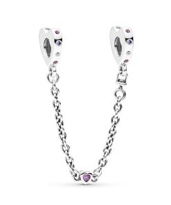Heart silver safety chain with royal purple crystal. lilac crystal. fancy purple and clear cubic zirconia