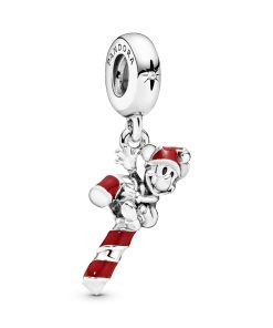 Mickey candy cane silver dangle with red enamel and clear cubic zirconia